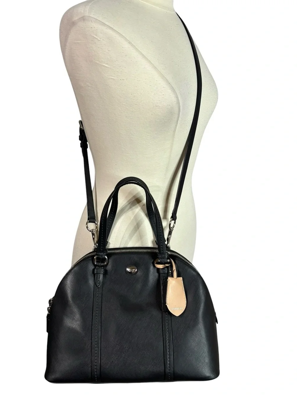 Coach Peyton Cora Black Saffiano Leather Domed Satchel Crossbody